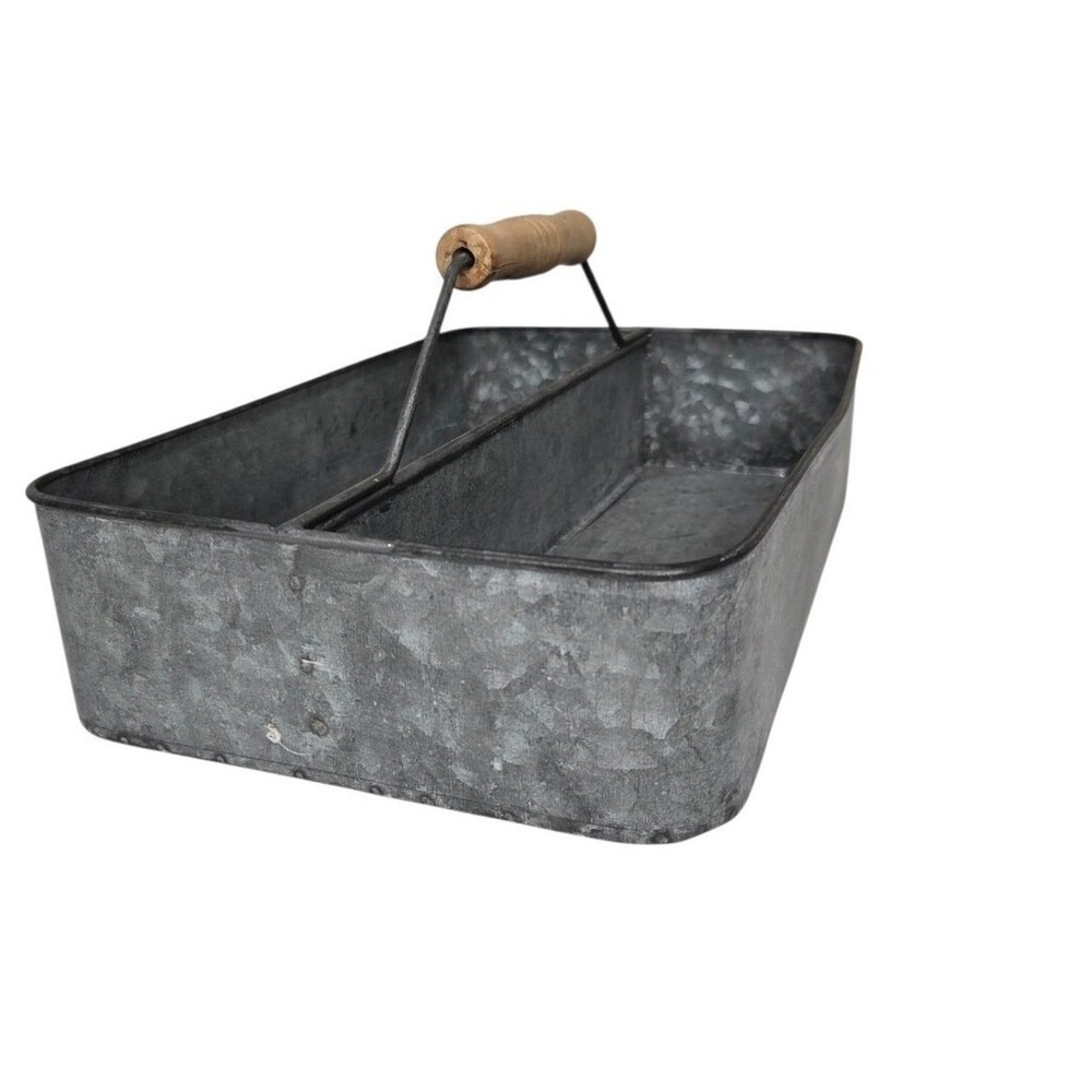 Galvanized Metal Caddy with Wooden Handle Farmhouse